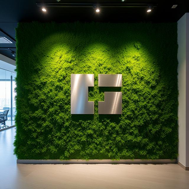 Sleek corporate logo embedded in a preserved living moss wall