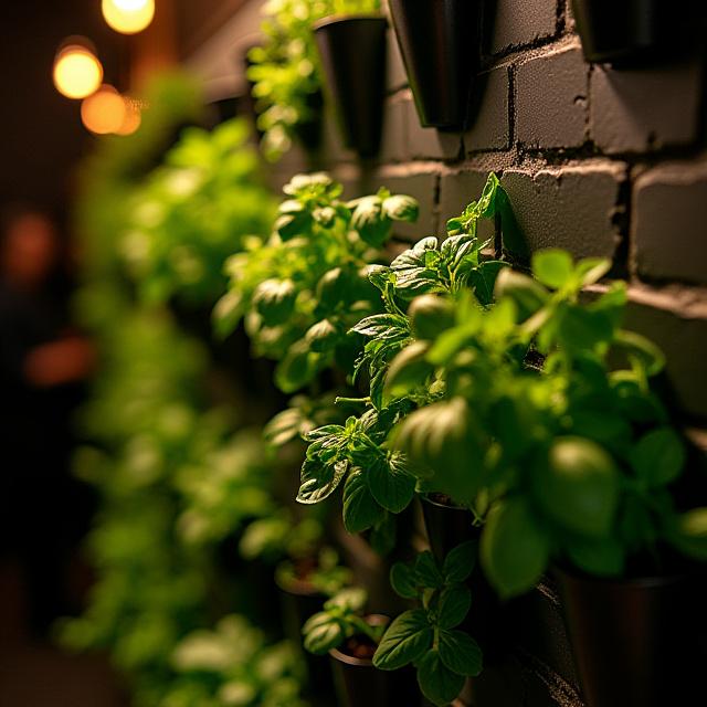 Edible herb wall inside a busy New York restaurant kitchen