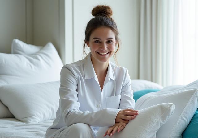 A sleep expert providing advice in a New York showroom