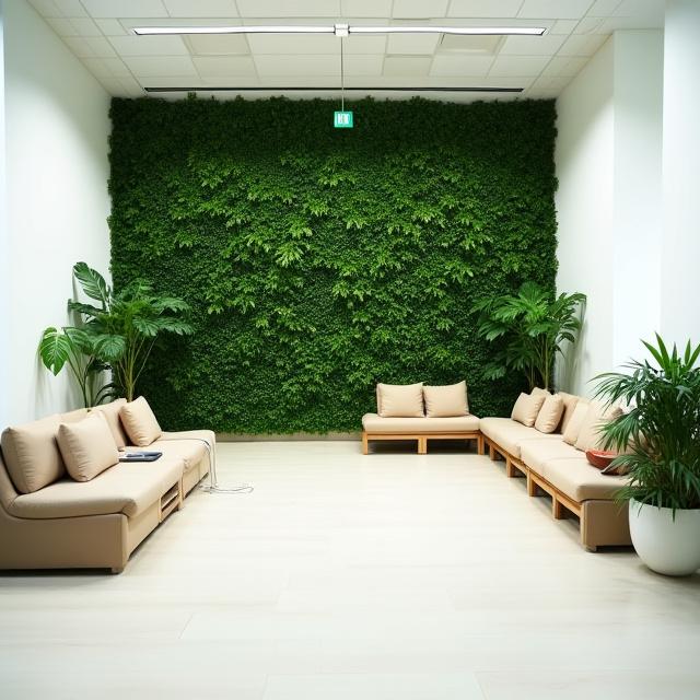 Lush indoor living wall in a hospital waiting area