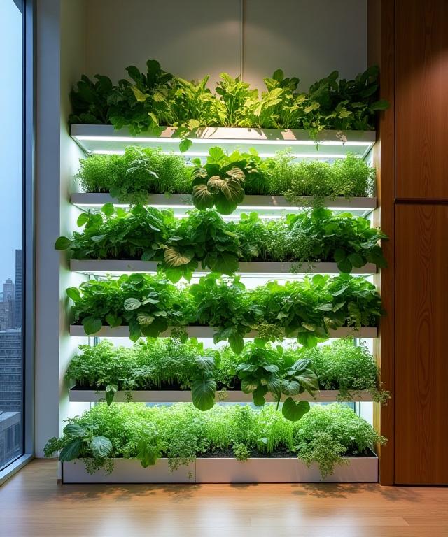 Modern indoor hydroponic farm with vibrant leafy greens